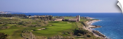 Italy, Sciacca, Hotel, golf course and Verdura Tower of the Verdura Golf and Spa Resort
