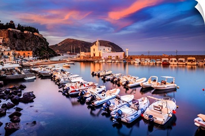 Italy, Sicily, Mediterranean Sea, Aeolian Islands, Lipari, Marina Corta At Sunset