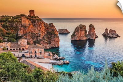 Italy, Sicily, Mediterranean Sea, Scopello, Tonnara And Faraglioni, Sea Stacks