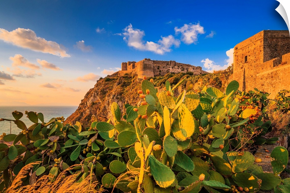 Italy, Sicily, Messina district, Mediterranean sea, Milazzo, Castle at sunset.