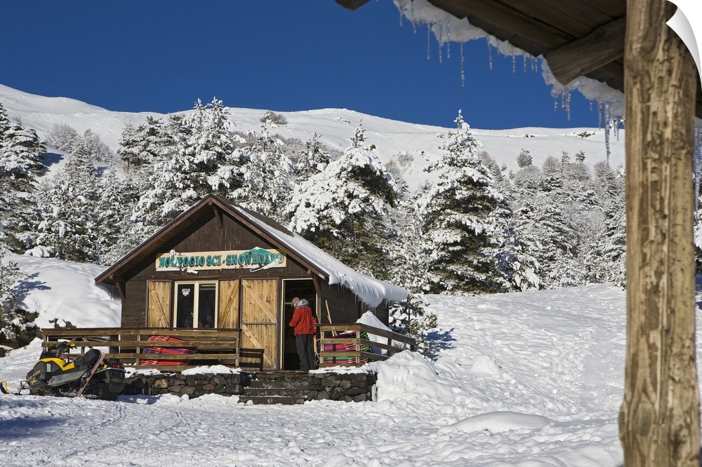 Italy, Sicily, Mount Etna, chalet for renting wintersport equipment
