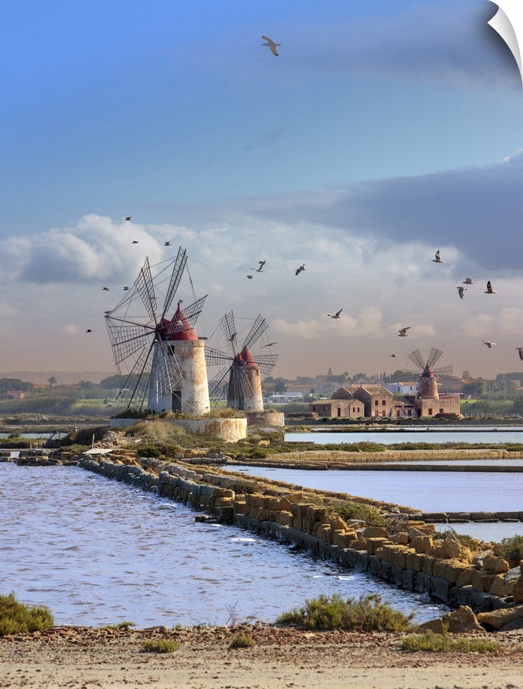 Italy, Sicily, Trapani district, Marsala, The historic salt pans with its watermills