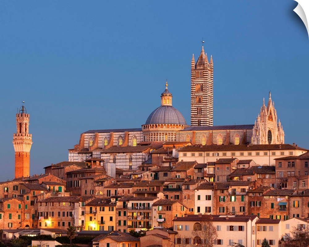 Italy, Tuscany, Siena district, Siena, City at sunset with the cathedral in the background and Torre del Mangia tower on t...