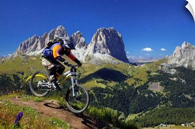 Italy, Trentino, Val di Fassa, Canazei, Mountain bike at Belvedere