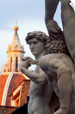 Italy, Tuscany, Florence, David (Michelangelo) and Duomo's dome in background