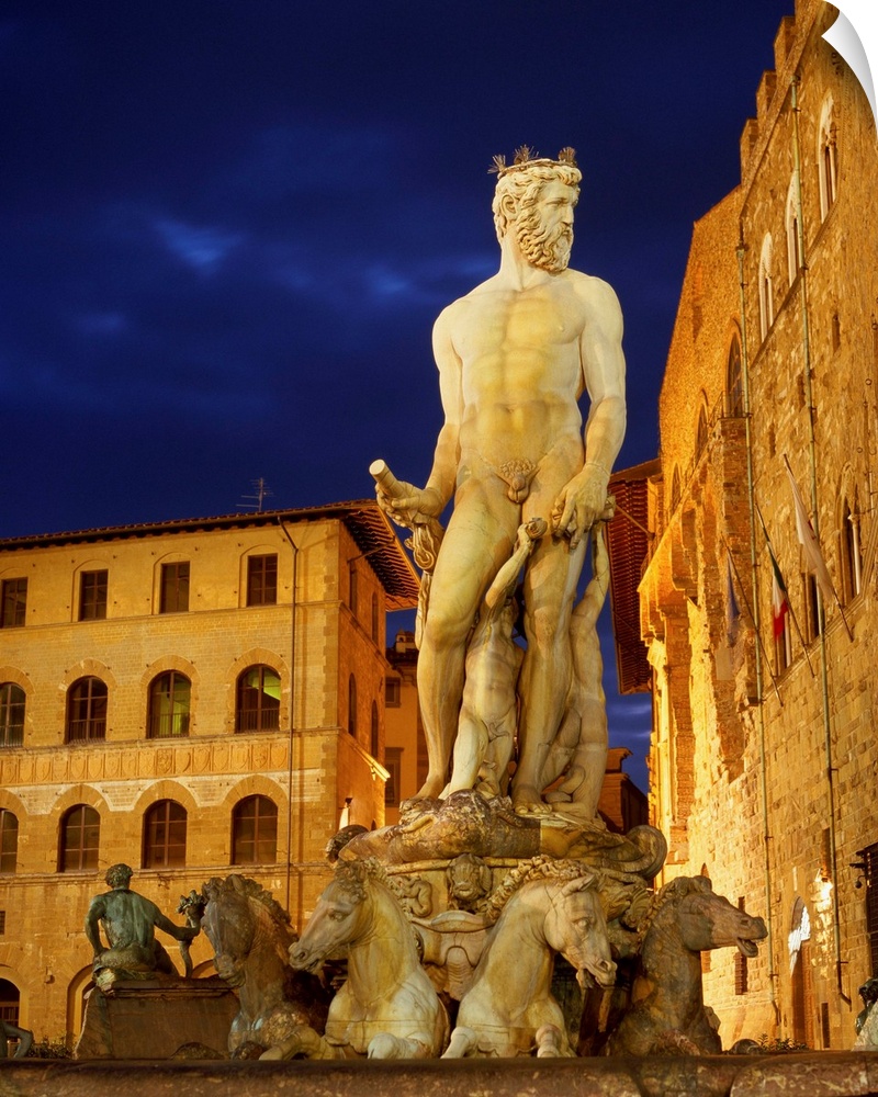 Italy, Tuscany, Florence, Statue of Neptune in Piazza della Signoria, Square