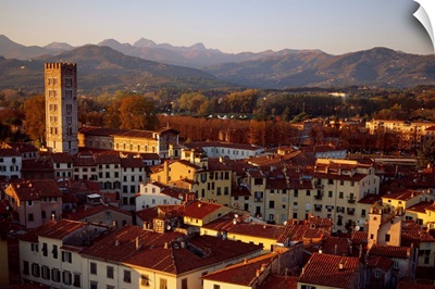 Italy, Tuscany, Lucca, View across the city at sunset