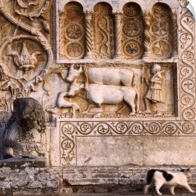 Italy, Umbria, Spoleto, Church of San Pietro, facade low reliefs