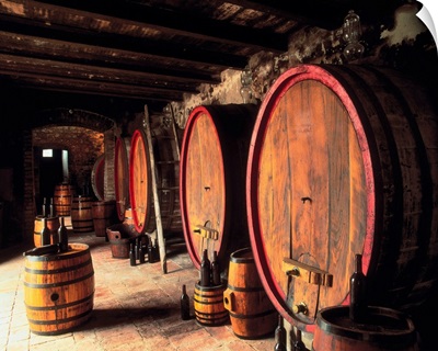 Italy, Umbria, Wine cellar, Citta della Pieve, Barrel in wine cellar