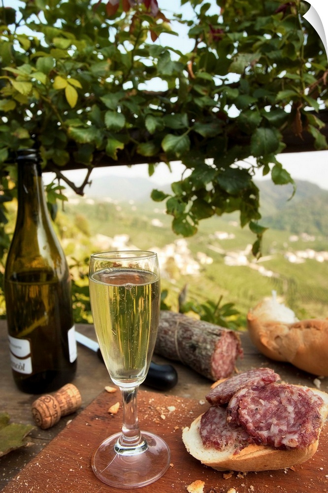 Italy, Veneto, Prosecco Road, Valdobbiadene, salame and Prosecco wine