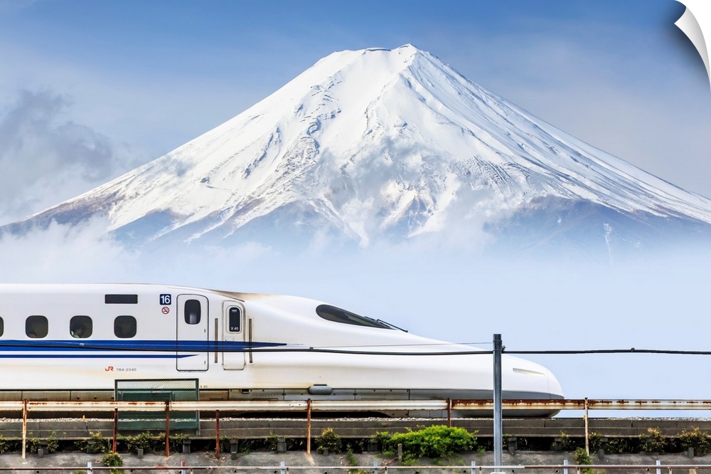 Japan, Chubu, Shinkansen, bullet train, and Mount Fuji in the background.