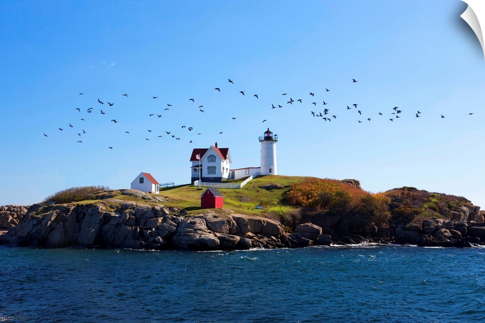 USA, Maine, Cape Neddick, New England, Atlantic, Nubble Lighthouse on the Savage Rock with a flock of birds flying by.