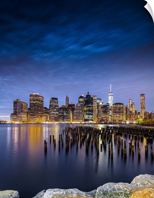 Manhattan, Downtown Skyline With Freedom Tower At Night, View From Brooklyn Bridge Park