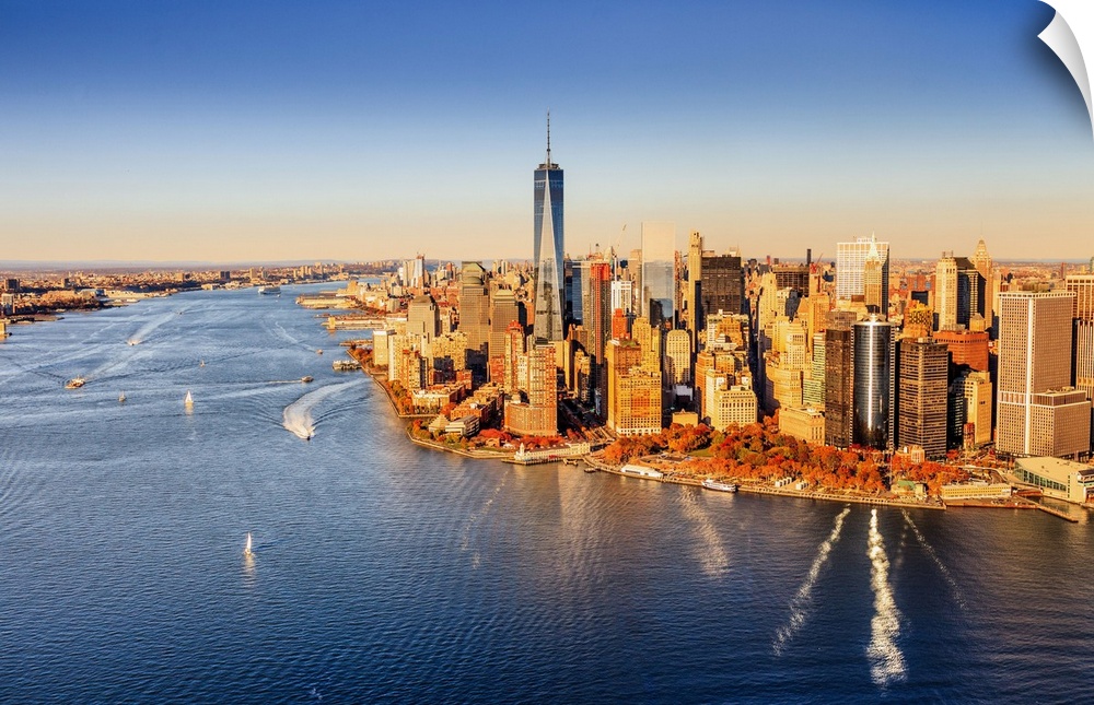 USA, New York City, Manhattan, Lower Manhattan, Freedom Tower, Aerial view towards One World Trade Center at sunset