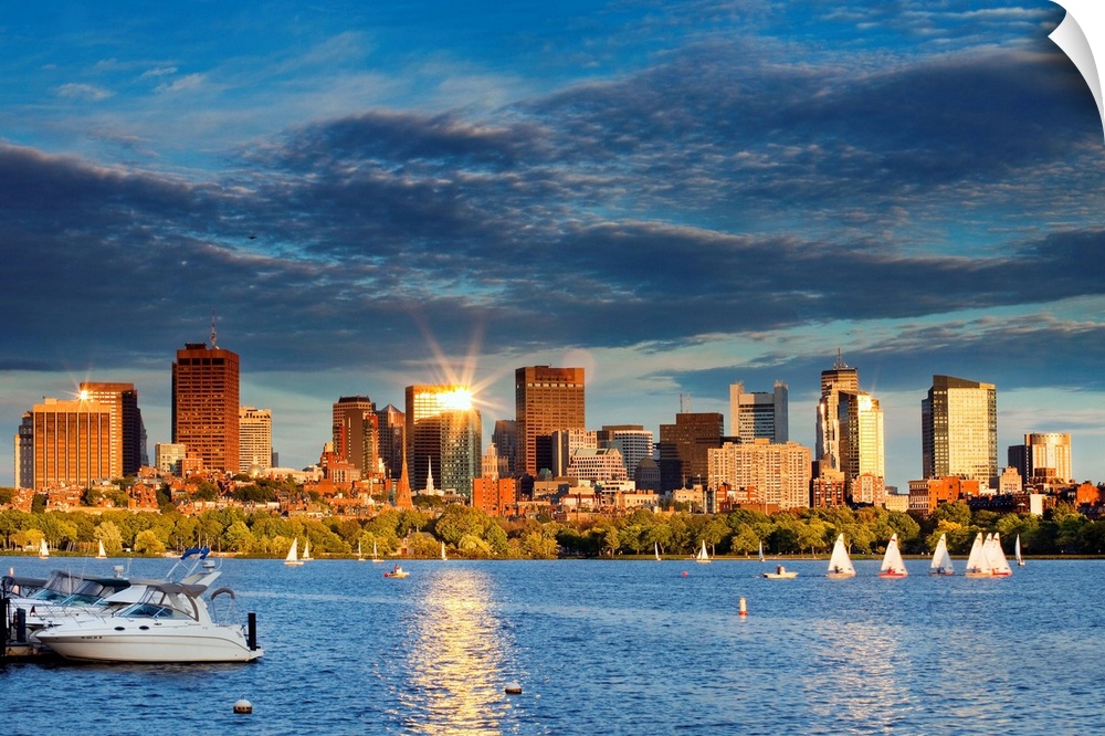 Massachusetts, Boston, View of the skyline at sunset from Charles River
