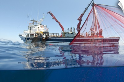 Mediterranean sea, Fishing boat catching tuna in Mediterranean Sea