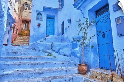 Morocco, Rif Mountains, Chefchaouen, Typical Blue Painted Houses In The Old Town