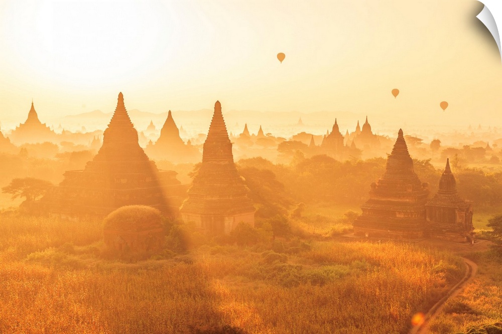 Myanmar, Mandalay, Bagan, Hot air balloons at sunrise over Bagan, ancient city located in the Mandalay Region of Burma, Th...