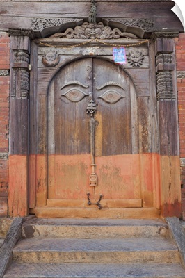 Nepal, Kathmandu, Lord Buddha's eyes carved on a wooden door, Hanuman Dhoka