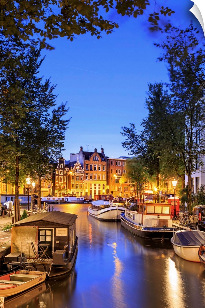 Netherlands, North Holland, Benelux, Amsterdam, Groenburgwal Canal at night.