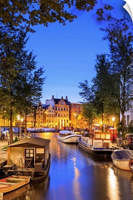 Netherlands, Benelux, Amsterdam, Groenburgwal Canal at night