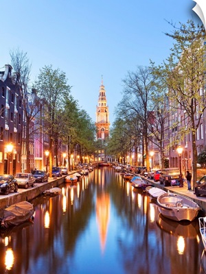 Netherlands, Benelux, Amsterdam, Montelbaan Tower At Oude Schans Illuminated At Dusk