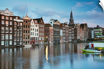 Netherlands, North Holland, Amsterdam, Typical Dutch Houses Along The Damrak Canal