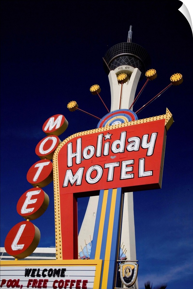 United States, USA, Nevada, Las Vegas, Motel sign and Stratosphere Tower in background