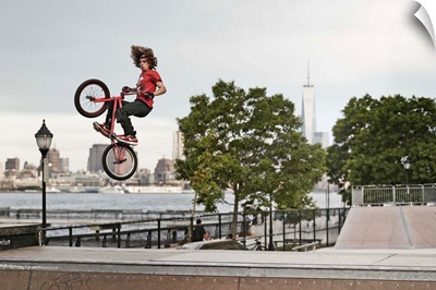 New Jersey, Hoboken, BMX biker at Castle Point Skate Park