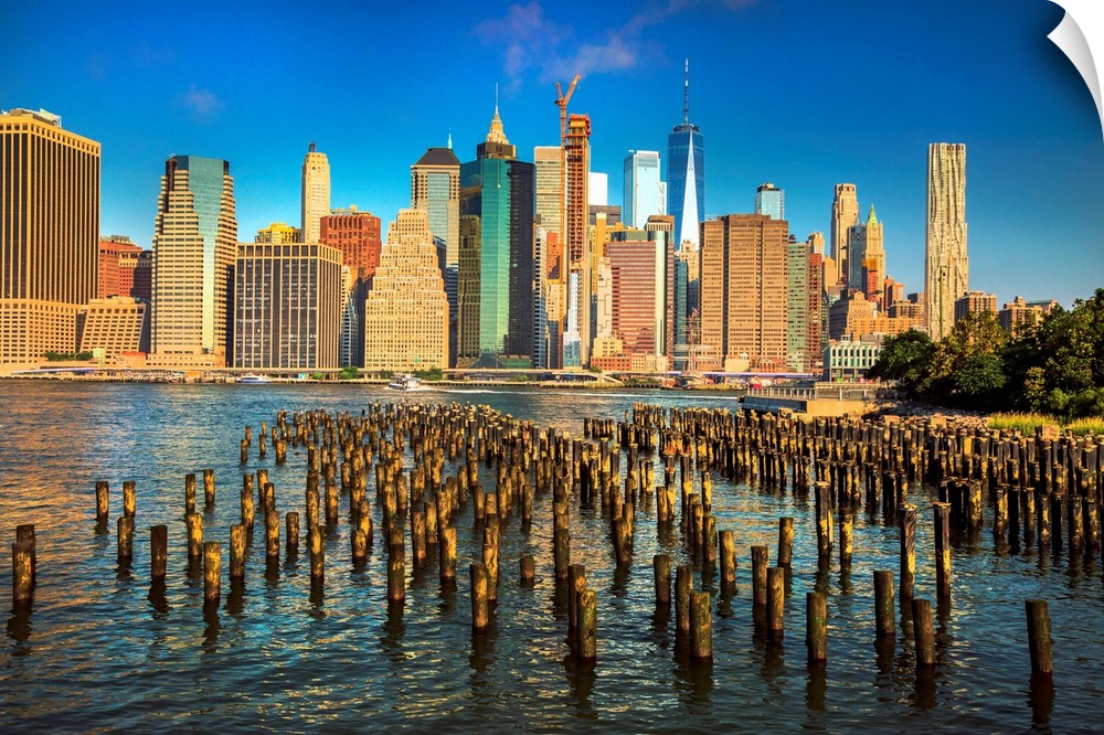 New York City, Brooklyn, Brooklyn Bridge Park, wooden piles, Lower Manhattan Financial District skyline skyscraper..