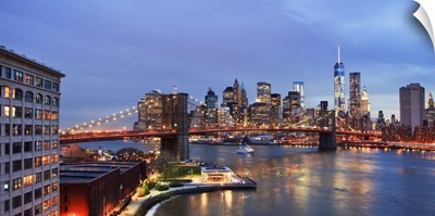 New York City, Manhattan, Brooklyn Bridge, Downtown skyline with the Freedom Tower