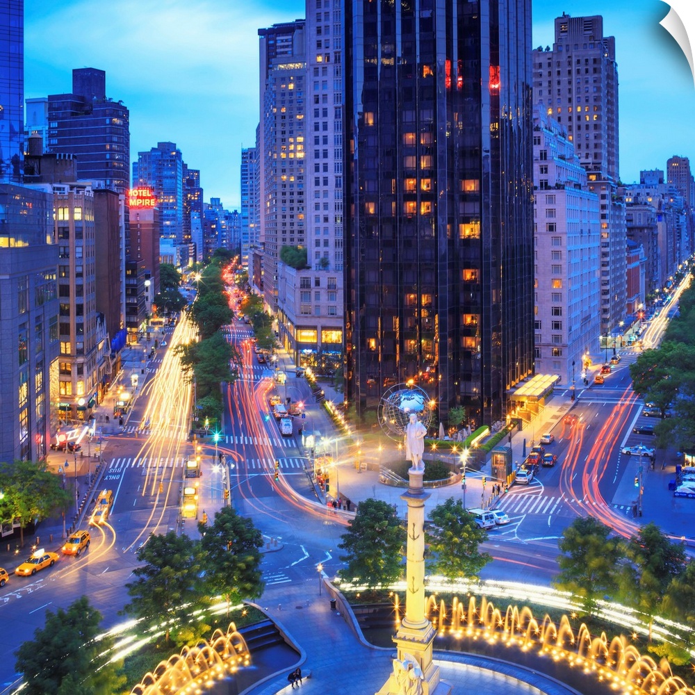 New York, New York City, Manhattan, Columbus Circle, Columbus Circle and Broadway at night.