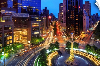 New York City, Manhattan, Columbus Circle, Columbus Circle and Broadway at night