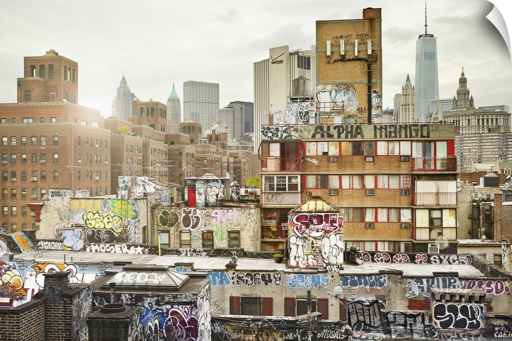 USA, New York City, Manhattan, Chinatown, Graffiti on buildings in Chinatown with Freedom Tower in the background.