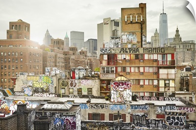 New York City, Manhattan, Graffiti on buildings in Chinatown
