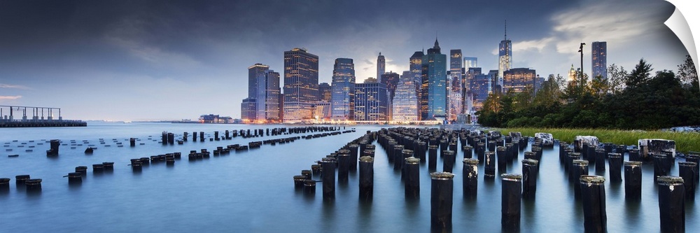 USA, New York City, Manhattan, Manhattan skyline, view from Brooklyn Bridge Park.