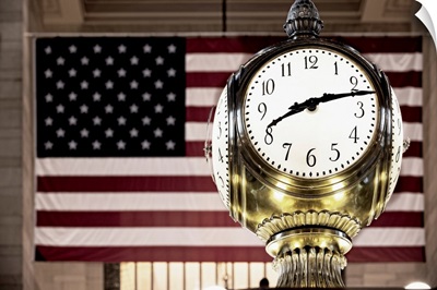 New York City, Manhattan, Midtown, Grand Central Station, Brass Clock And The US Flag