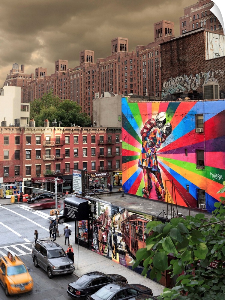 USA, New York City, Manhattan, Lower Manhattan, Murals, graffiti, love scene, from the High line.