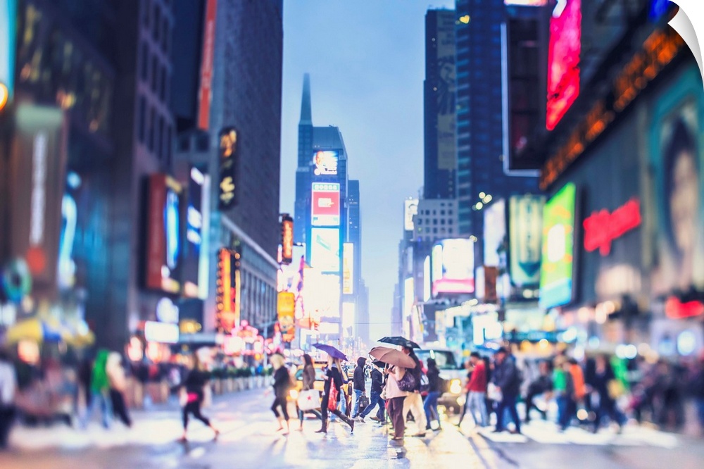 New York, New York City, Manhattan, Times Square, Pedestrians crossing the street at night.