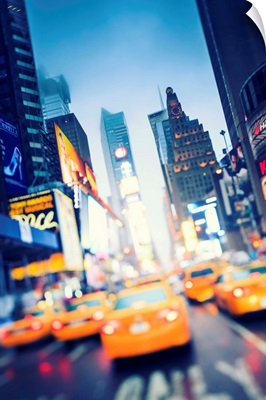 New York City, Manhattan, Times Square, Yellow taxi cabs at night