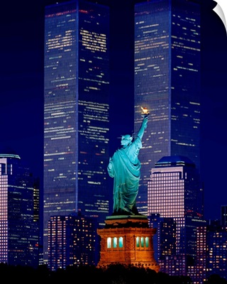 New York City, Statue of Liberty and World Trade Center at night