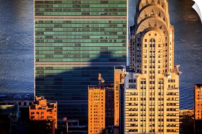 New York City, View Towards Chrysler Building And United Nations Headquarters, Sunset