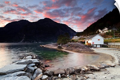 Norway, Hordaland, Eidfjord, Scandinavia, Sunset Over The Famous Fjord