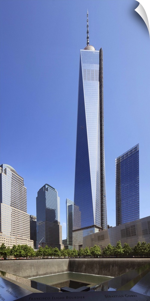 New York, New York City, Manhattan, Freedom Tower, Ground Zero memorial at the site of the World Trade Center.