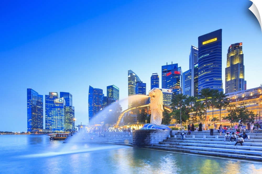 Singapore, Singapore City, Merlion fountain at night.