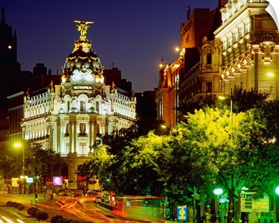 Spain, Madrid, one of the main street of the city, and Edificio Metropolis
