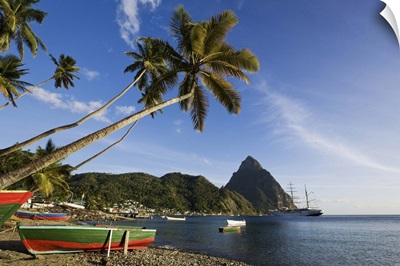 St Lucia, Soufriere, Fishing boats in Soufriere Bay with Petit Piton in the background