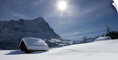 Switzerland, Bern, Alps, Berner Oberland, Grindelwald, Alpine huts and Mount Eiger