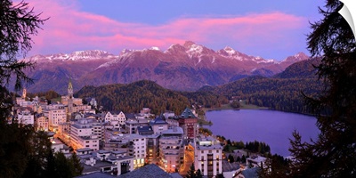 Switzerland, Graubunden, Saint Moritz, View of lake and town centre