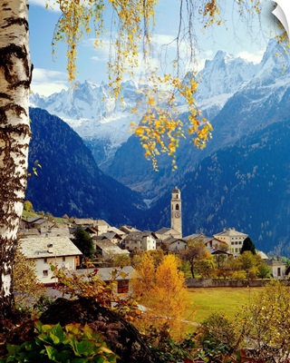 Switzerland, Graubunden, view towards Soglio village and Sciora range
